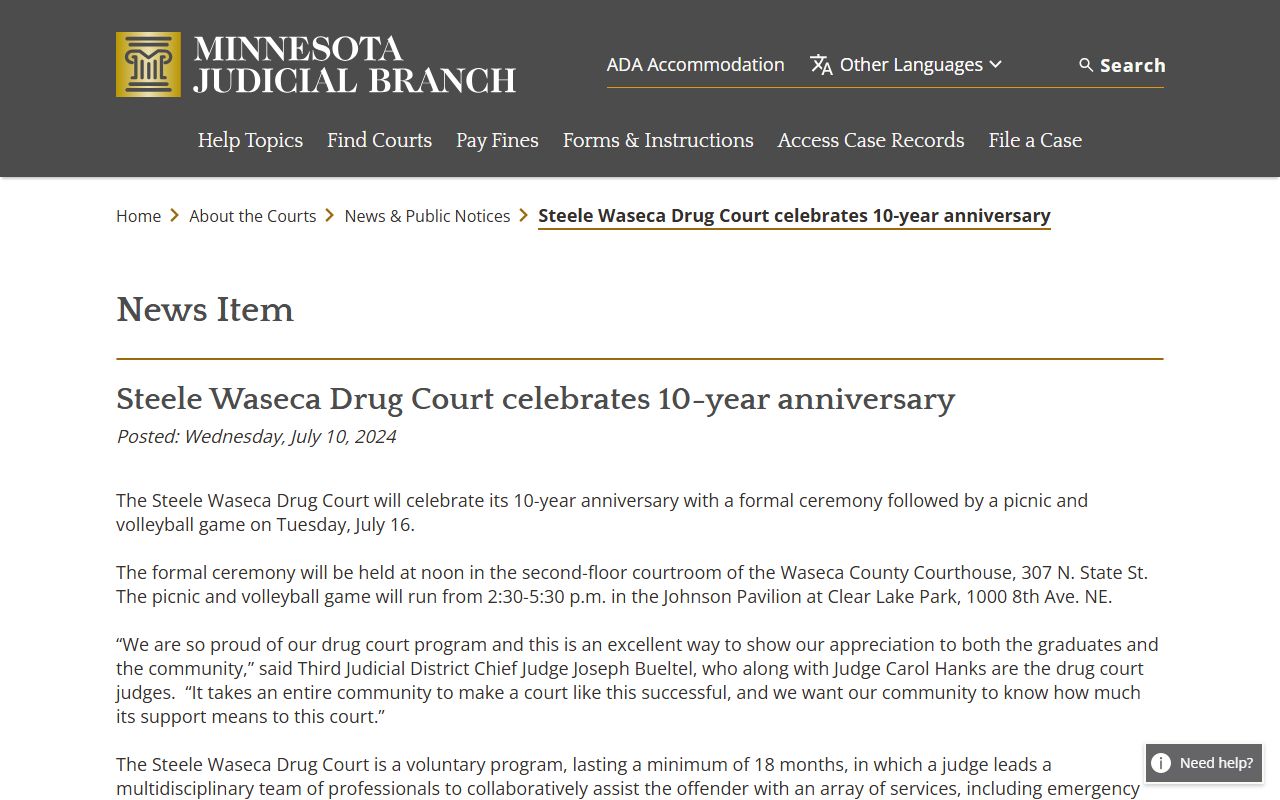 Steele Waseca Drug Court anniversary notice