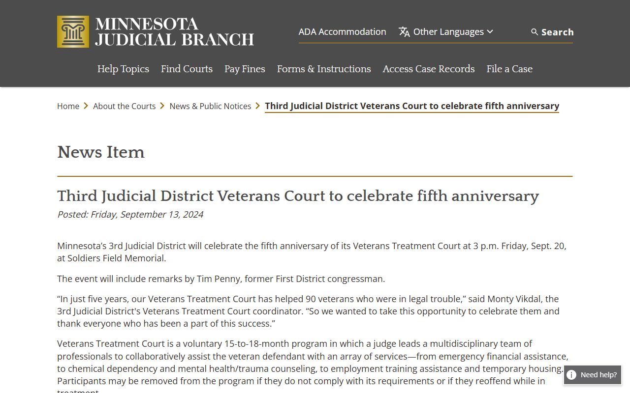 Third Judicial District Veterans Treatment Court notice