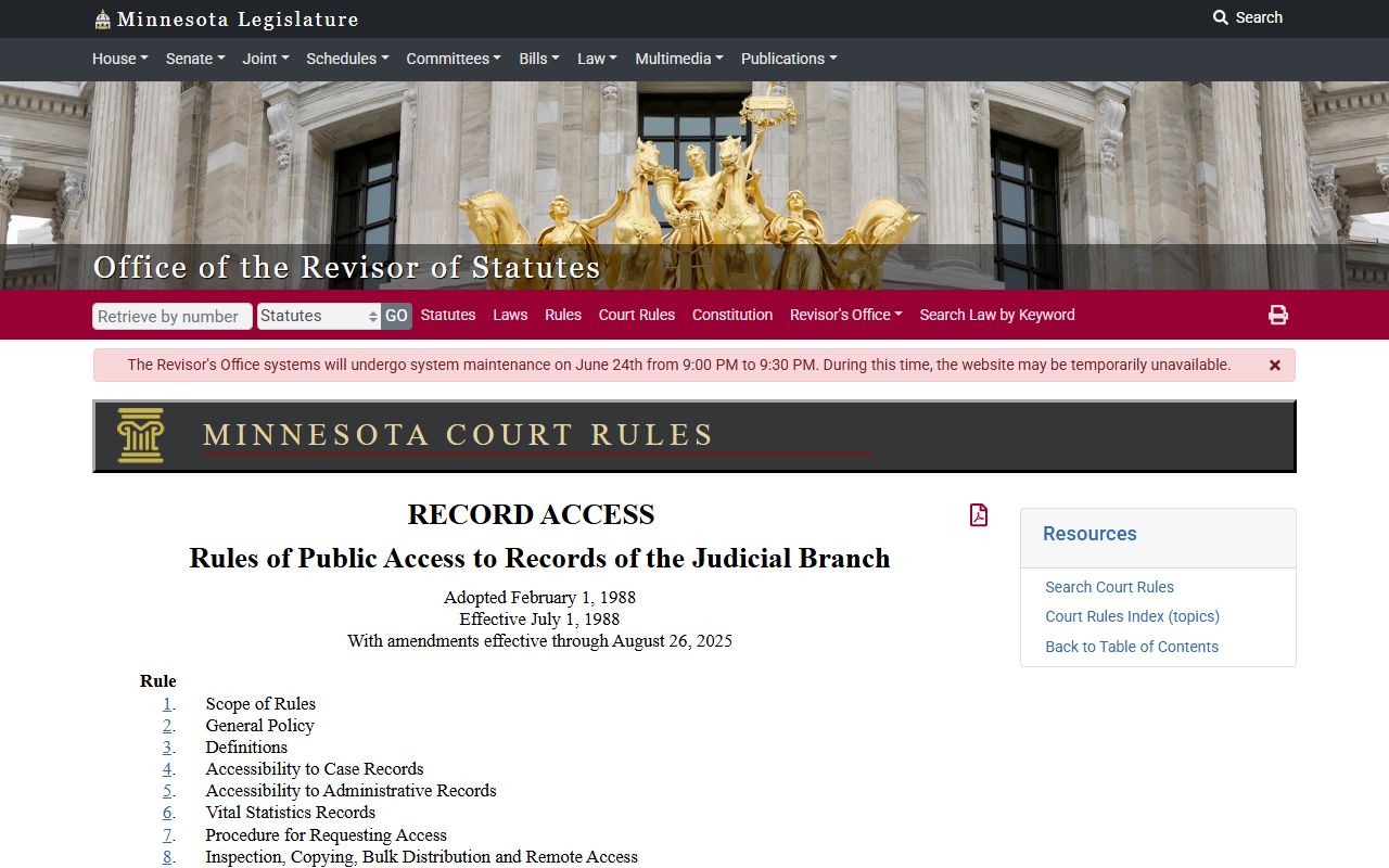 Minnesota rules of public access table of contents