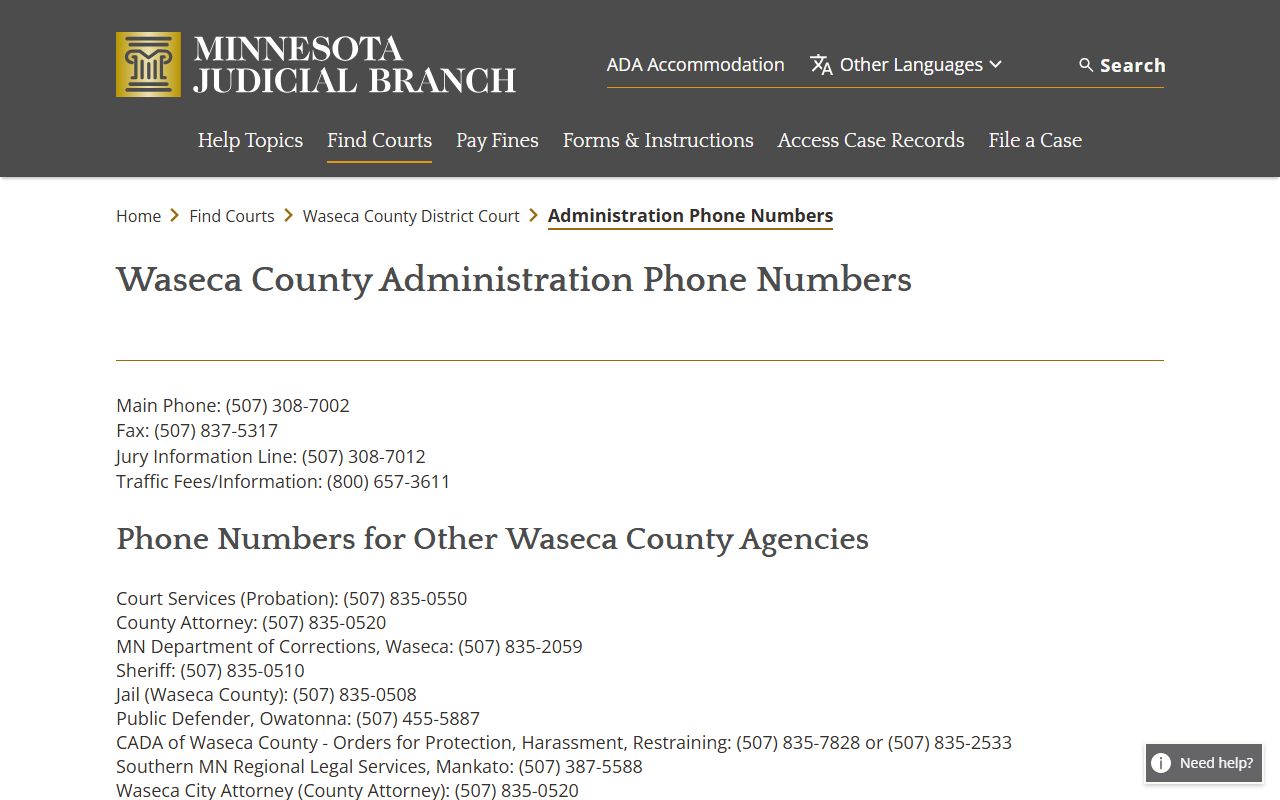 Waseca District Court contact numbers