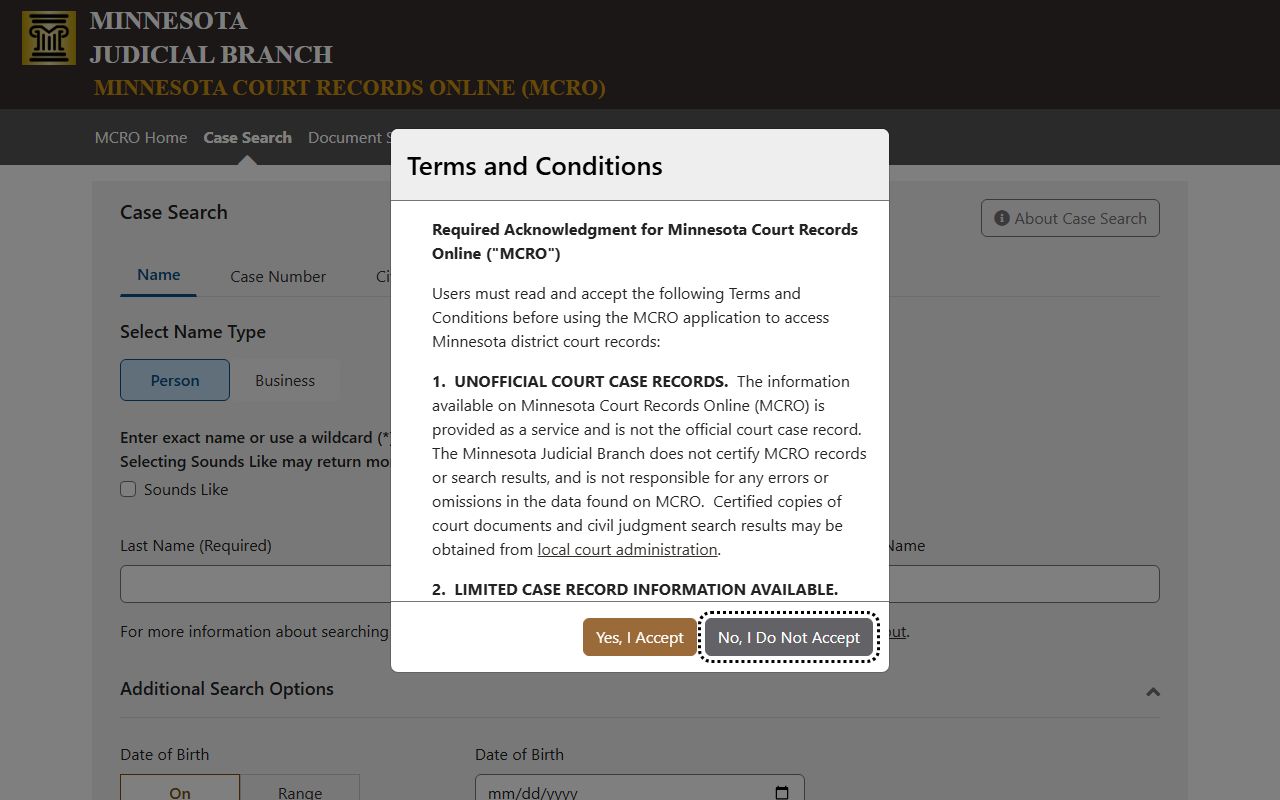 MCRO case search screen
