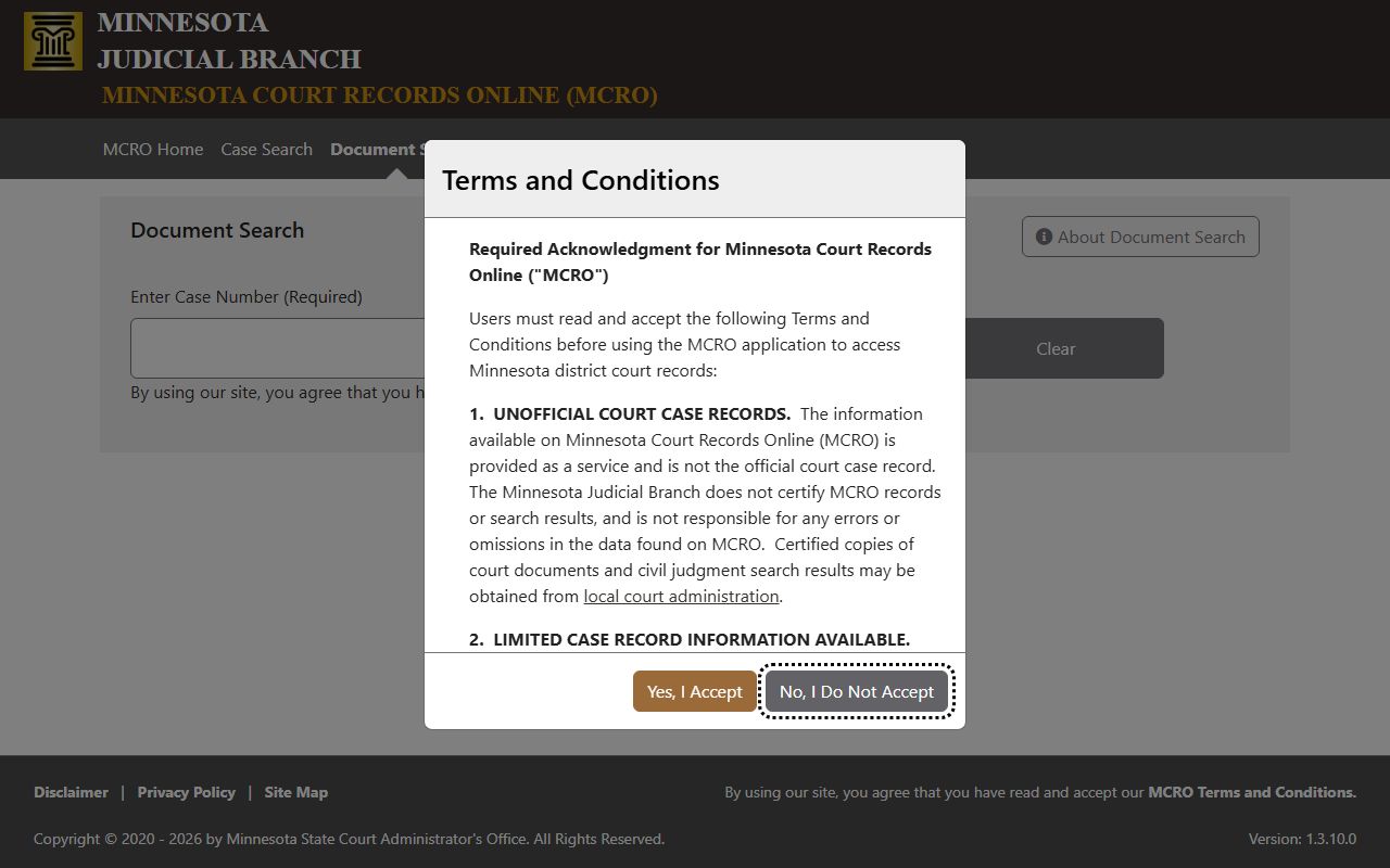 MCRO document search screen
