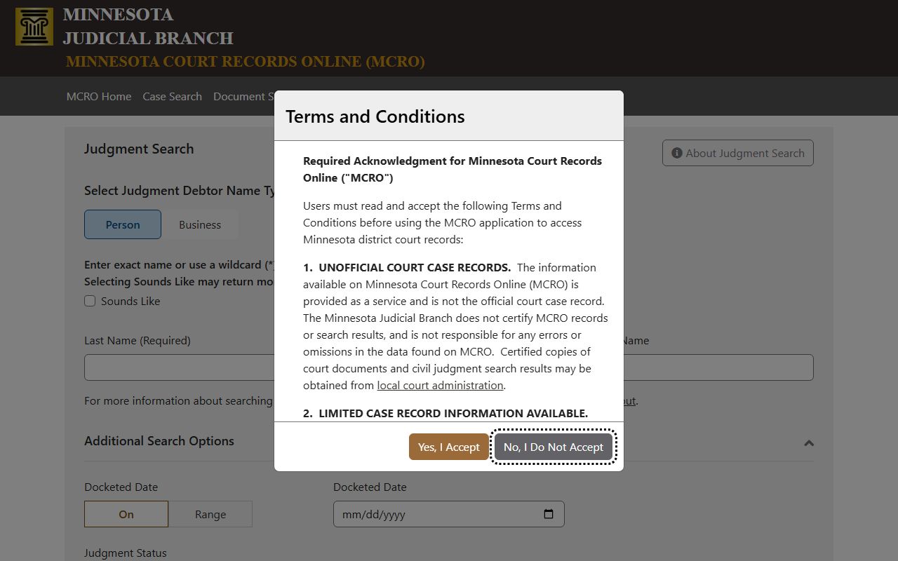 MCRO judgment search screen