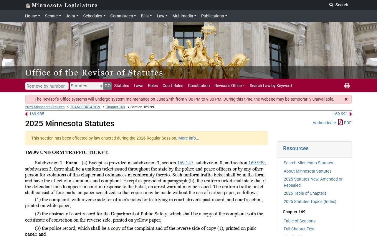 Minnesota uniform traffic ticket statute